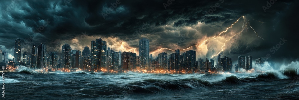 Poster dark clouds gather ominously above a coastal city as a storm brews, with flashes of lightning illumi