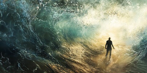 Obraz premium Silhouette of man walking towards the light through a sea of waves
