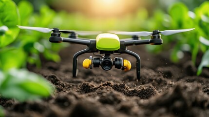 A high-tech drone hovers closely above a lush green agricultural field, showcasing modern farming technology and its role in enhancing productivity and sustainability.