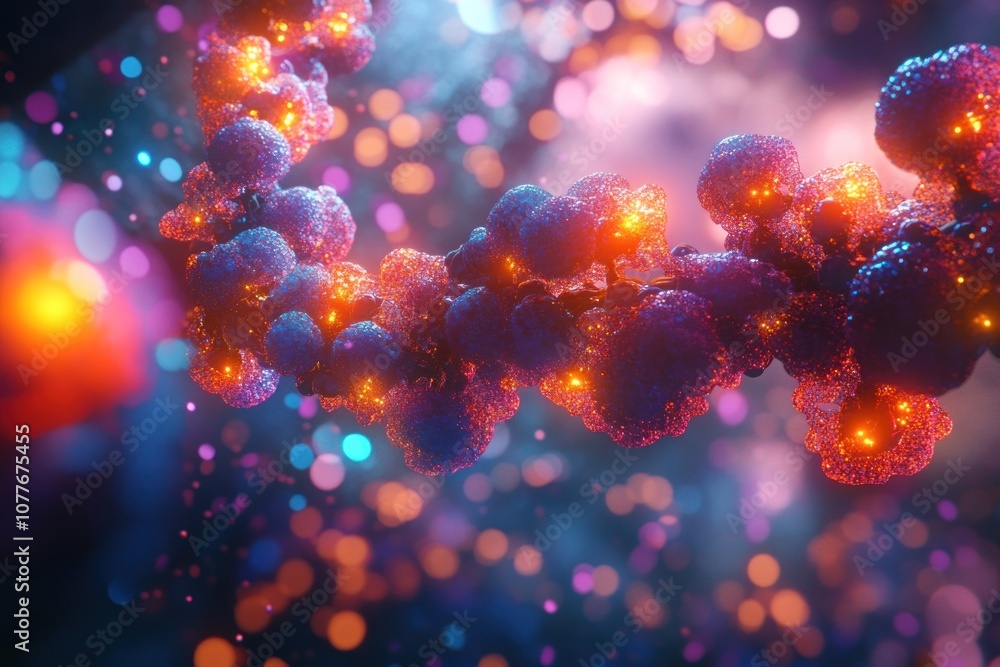 Poster abstract 3d rendering of glowing spheres connected in a chain, creating a futuristic, scientific, or