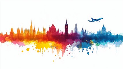 Watercolor Skyline of London with Airplane Flying Over