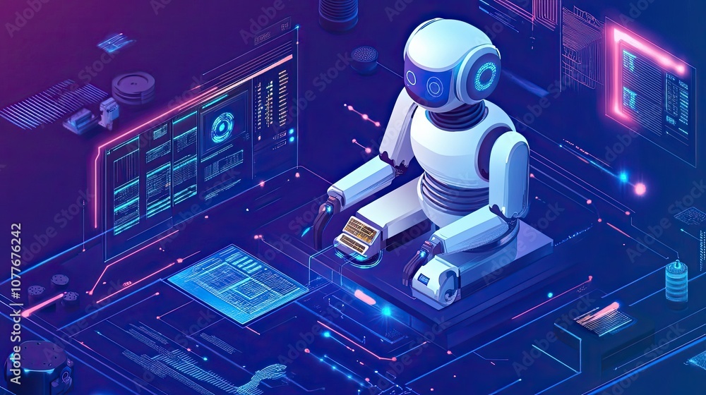 Poster white robot interacting with digital interface in a futuristic setting