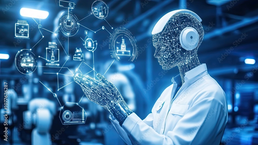 Poster a humanoid robot interacting with digital interface in a futuristic factory setting.