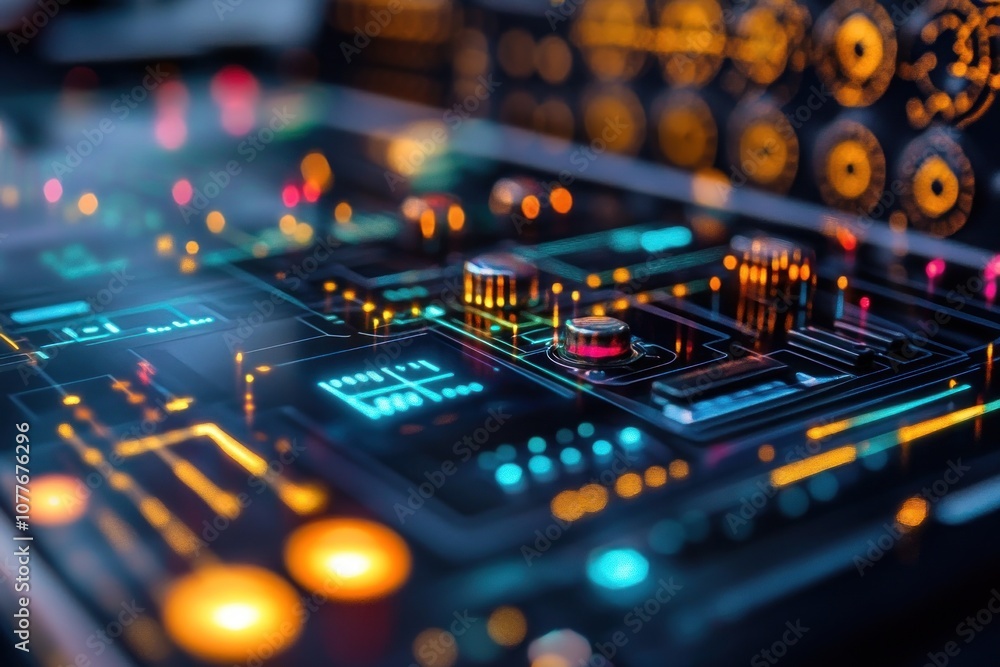 Poster close-up of a futuristic circuit board with glowing lights and intricate patterns.