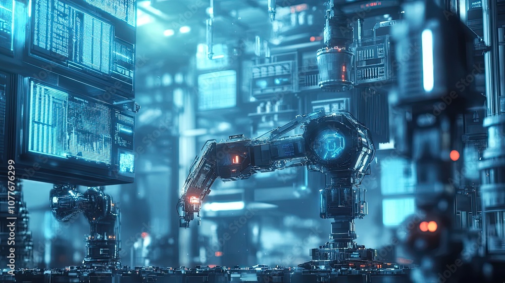 Poster futuristic robotic arm in a high-tech factory setting