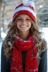 A smiling young woman in a snowy setting, wearing a cozy red hat and scarf, radiating warmth and joy, Ideal for seasonal promotions, holiday campaigns, or winter-themed content,