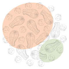 Outline Salmon steak and brussels sprout heads. Circle Frame Border on colorful spots background
