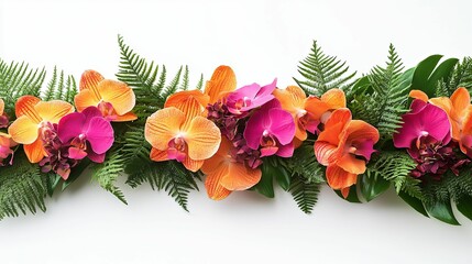 Tropical Floral Arrangement with Orange and Pink Orchids and Fern Leaves