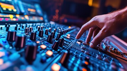 Hand Adjusting a Sound Mixer with Colorful Lights in Background