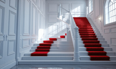 Obraz premium Elegant white staircase with red carpet, bright and inviting atmosphere