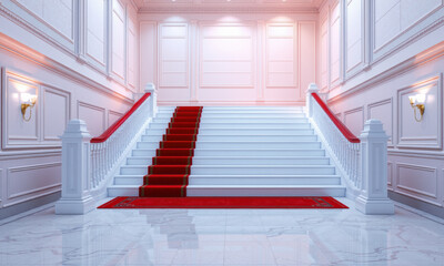 Obraz premium grand white staircase with red carpet, elegant lighting, and ornate walls creates luxurious atmosphere. Perfect for events or ceremonies