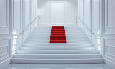 Obraz premium grand white staircase with striking red carpet, creating elegant and luxurious atmosphere. Perfect for events or ceremonies