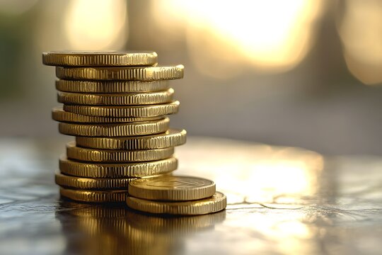 Golden coins stacked on dark textured surface symbolizing wealth and financial stability 