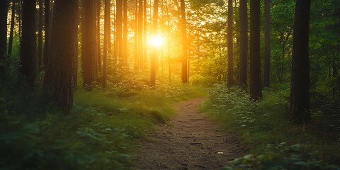 Fototapeta premium Golden light in the forest path at sunset