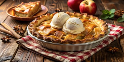 A freshly baked apple pie with a golden crust and a scoop of vanilla ice cream, resting on a red and white checkered napkin, ready to be enjoyed.