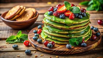 A stack of green pancakes topped with fresh berries, drizzled with a vibrant green sauce, and garnished with sprigs of mint, presented on a rustic wooden board.