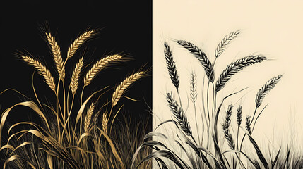 Dual wheat illustration in black and gold. Monochrome. Illustration