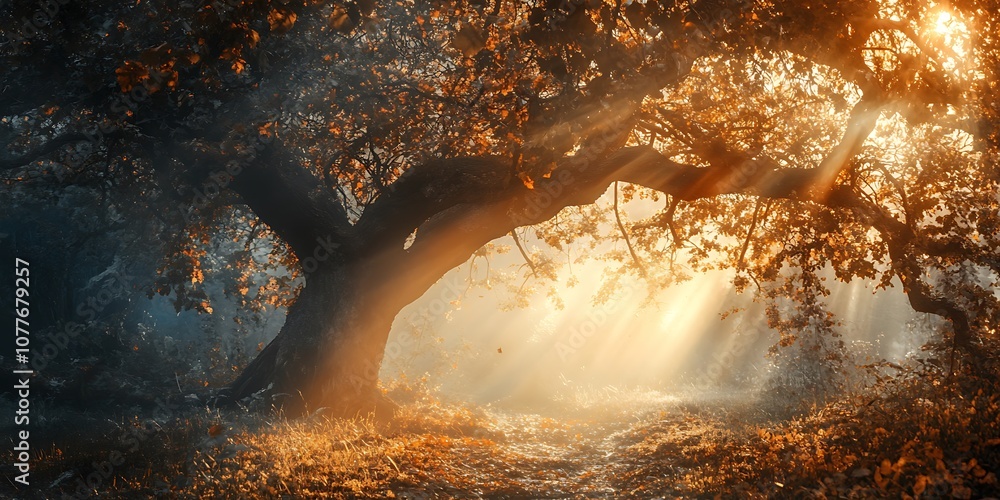 Poster mystical forest path with sunlight streaming through trees