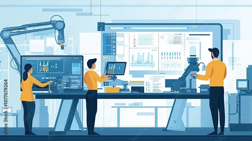Poster people operating industrial robots and computer monitors in a factory