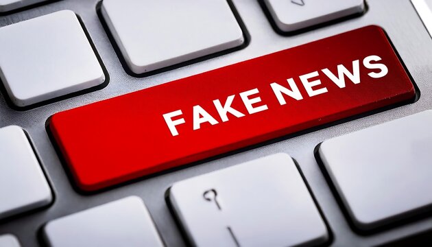 Closeup of red fake news text button on laptop notebook computer keyboard. Internet and tele