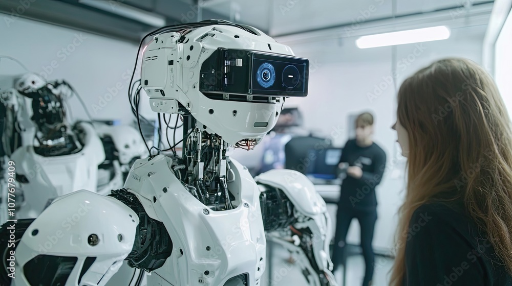 Poster white humanoid robot with a digital display interacting with a woman in a lab setting