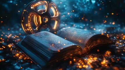 A book with a reel of film on top, representing the adaptation of a novel into a film.
