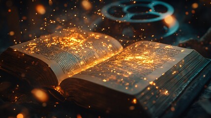 A book with a reel of film on top, representing the adaptation of a novel into a film.
