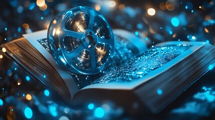 A book with a reel of film on top, representing the adaptation of a novel into a film.
