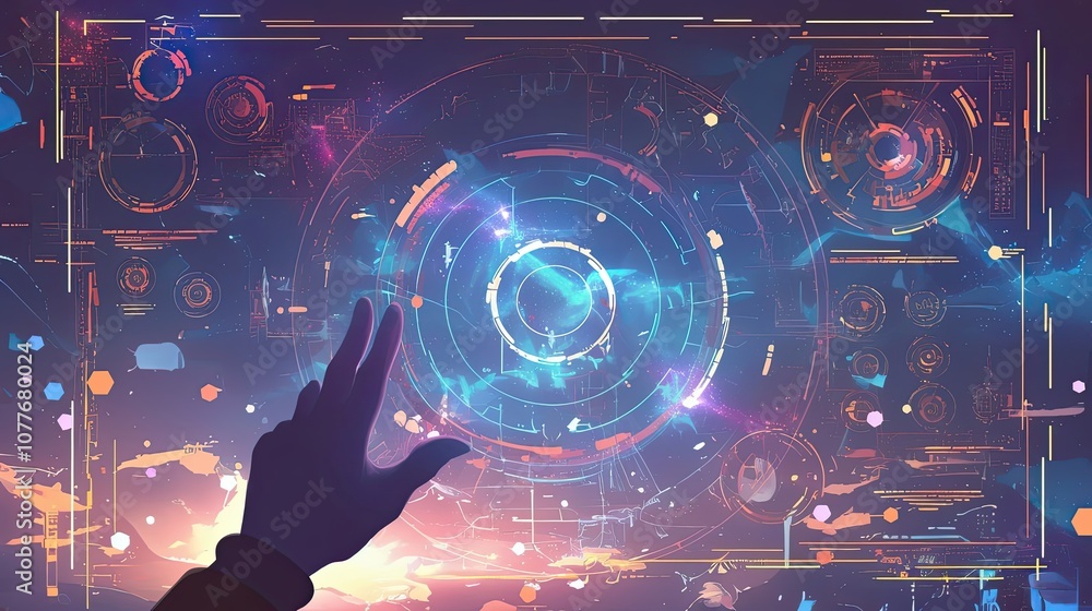 Poster hand interacting with a futuristic interface of circular displays and lines