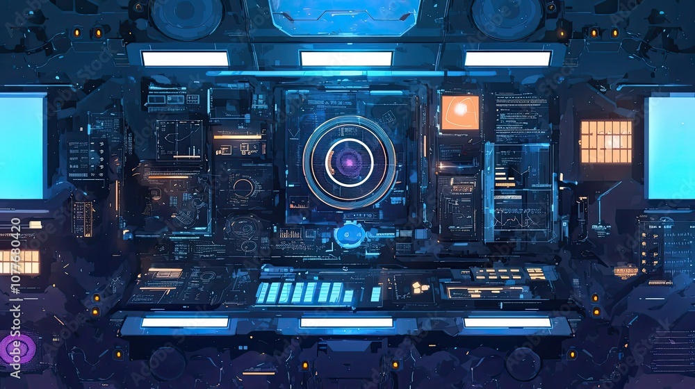 Poster futuristic control panel with multiple screens and data displays