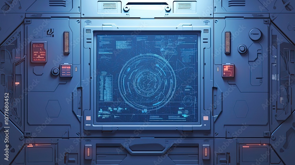 Poster futuristic control panel with digital display and glowing interface