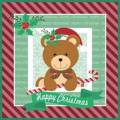 Christmas card design with cute teddy bear and candy cane