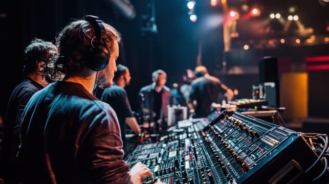 Sound Engineer Mixing Music on a Console at a Live Event