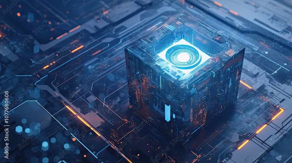 Poster a luminous cube resting on a futuristic circuit board