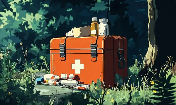Outdoor First Aid Kit with Medical Supplies illustration cartoon with ai generated.

