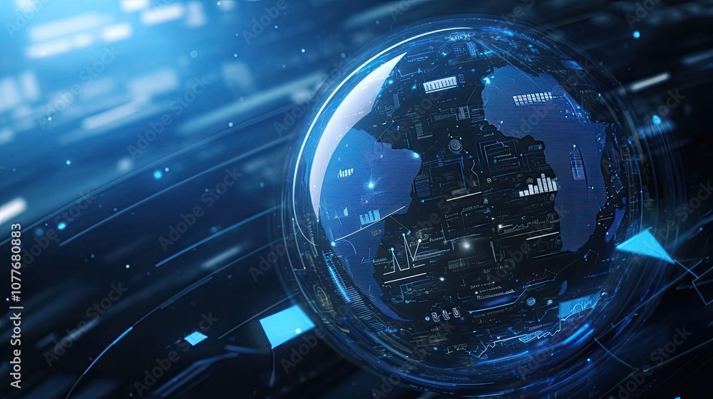 Poster a futuristic globe with digital interfaces and data visualizations