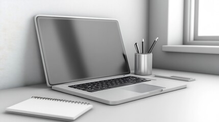 Fototapeta premium Minimalist Laptop Setup on Desk with Office Supplies and Natural Light