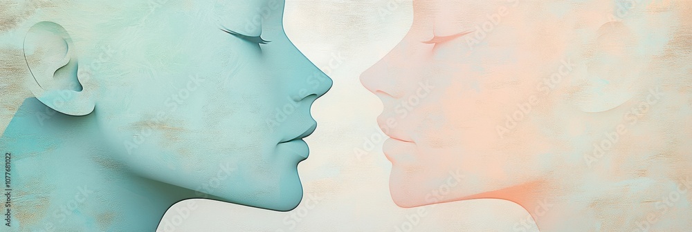 Leinwandbilder Soft pastel silhouettes of two faces highlight the themes of communication and empathy, showcasing connection and understanding. Generative AI