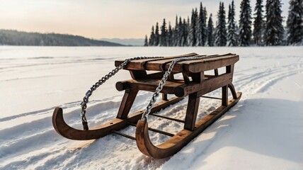 A wooden sled stands on a snowy landscape surrounded by tall evergreen trees during a peaceful winter afternoon