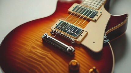 Fototapeta premium Close-Up View of a Classic Electric Guitar Isolated on White Background, Featuring Beautiful Wood Grain and Polished Finish, Perfect for Music and Instrument Promotion
