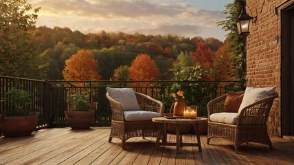 Obraz premium Cozy autumn evening on a balcony overlooking a vibrant forest with comfortable seating and soft lighting