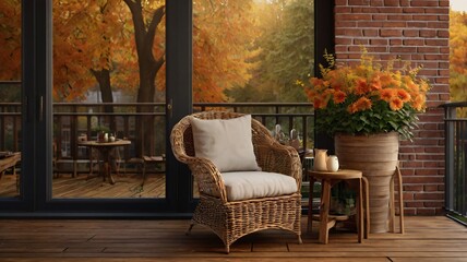 Cozy autumn balcony with wicker chair and vibrant orange flowers overlooking a fall landscape in a peaceful setting
