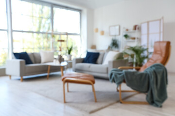 Blurred view of living room with grey sofas, armchair and plants