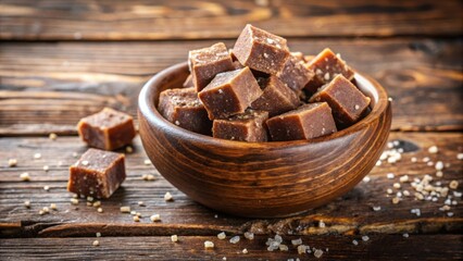 Fototapeta premium A wooden bowl overflowing with rich brown caramels, sprinkled with sea salt, sitting on a rustic wooden surface.