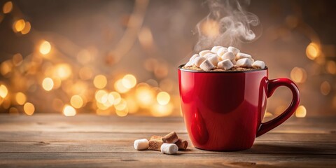 A steaming cup of hot cocoa with marshmallows on a wooden table with bokeh lights in the background