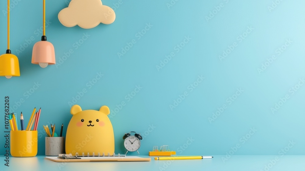 Poster Create an inspiring virtual classroom setup with essential devices and colorful stationery for enhanced learning experience