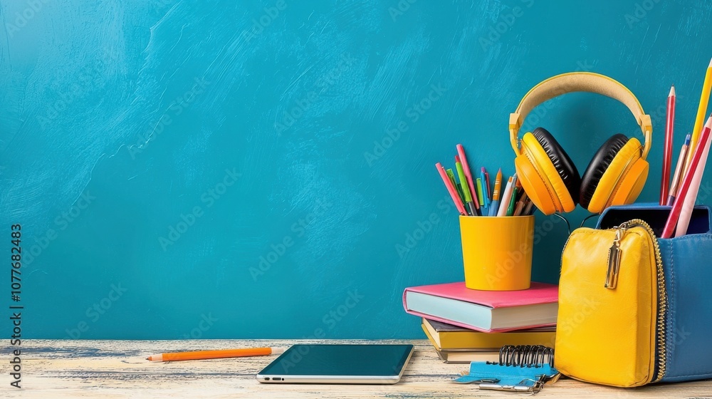 Poster Transform your study space with a digital learning desk featuring a tablet and headset for enhanced focus and engagement