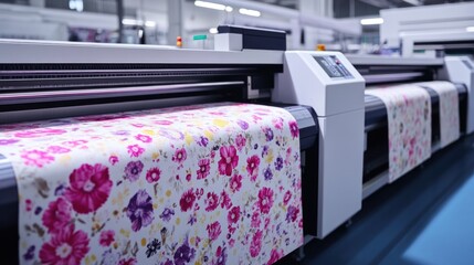 Obraz premium A textile printing machine with floral fabric patterns in an industrial setting.