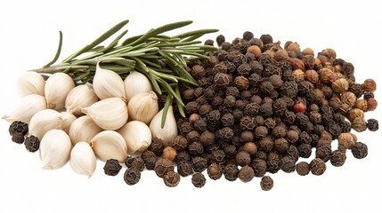 Fresh Garlic Bulbs with Whole Peppercorns and Rosemary Sprigs Displayed on White Background - A Beautiful Arrangement of Natural Spices and Flavors for Culinary Inspiration