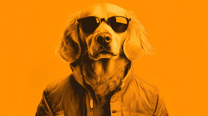 Fashion dog in jacket. orange color monochrome portrait. generative ai. Monochrome. Illustration
